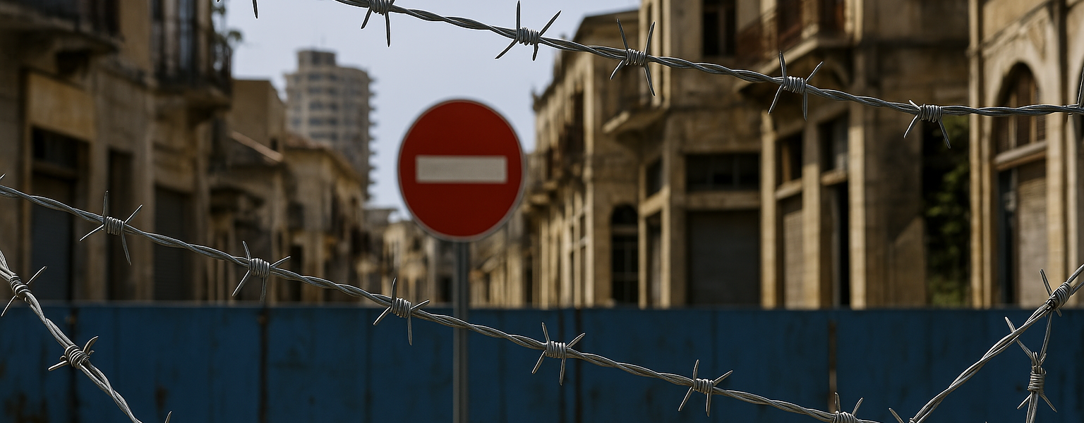 A barbed wire fence with a "No Entry" sign in the foreground, separating the viewer from a divided, deteriorating urban area in the background, highlighting the ongoing division in Cyprus.