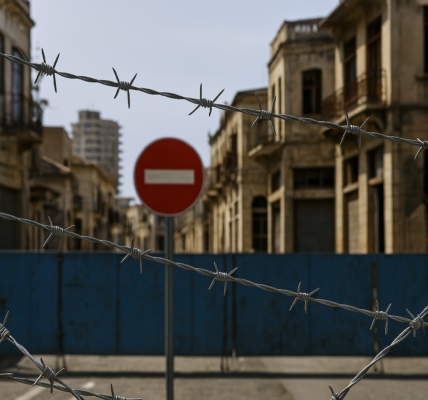 A barbed wire fence with a "No Entry" sign in the foreground, separating the viewer from a divided, deteriorating urban area in the background, highlighting the ongoing division in Cyprus.