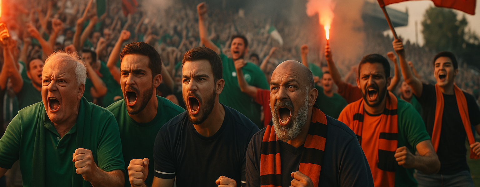 A crowd of passionate football fans in Cyprus stand on a terrace at an outdoor stadium, waving flags and flares in a haze of smoke, creating a dramatic, high-energy atmosphere under a cloudy sky.