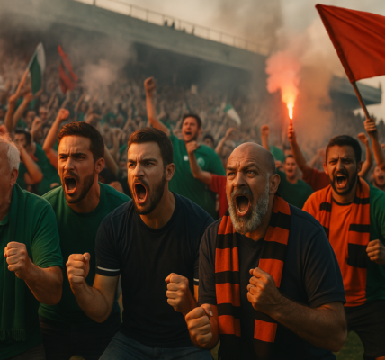 A crowd of passionate football fans in Cyprus stand on a terrace at an outdoor stadium, waving flags and flares in a haze of smoke, creating a dramatic, high-energy atmosphere under a cloudy sky.