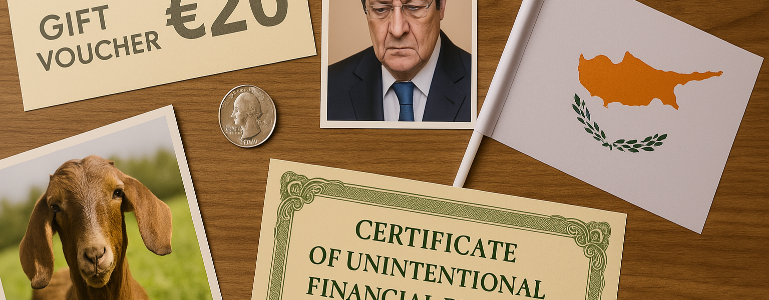 A humorous still life featuring a Cypriot passport, a €12 voucher, a goat figurine, a laminated certificate, and a sprig of oregano arranged on a wooden table, symbolizing an absurd compensation package.