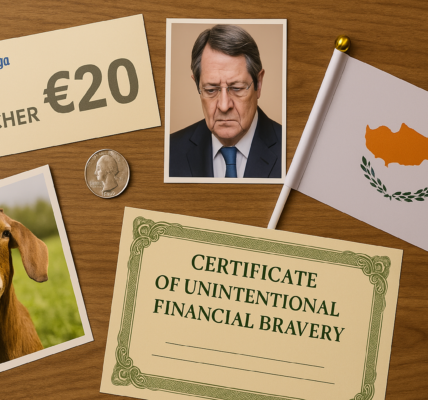 A humorous still life featuring a Cypriot passport, a €12 voucher, a goat figurine, a laminated certificate, and a sprig of oregano arranged on a wooden table, symbolizing an absurd compensation package.