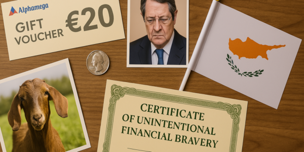 A humorous still life featuring a Cypriot passport, a €12 voucher, a goat figurine, a laminated certificate, and a sprig of oregano arranged on a wooden table, symbolizing an absurd compensation package.