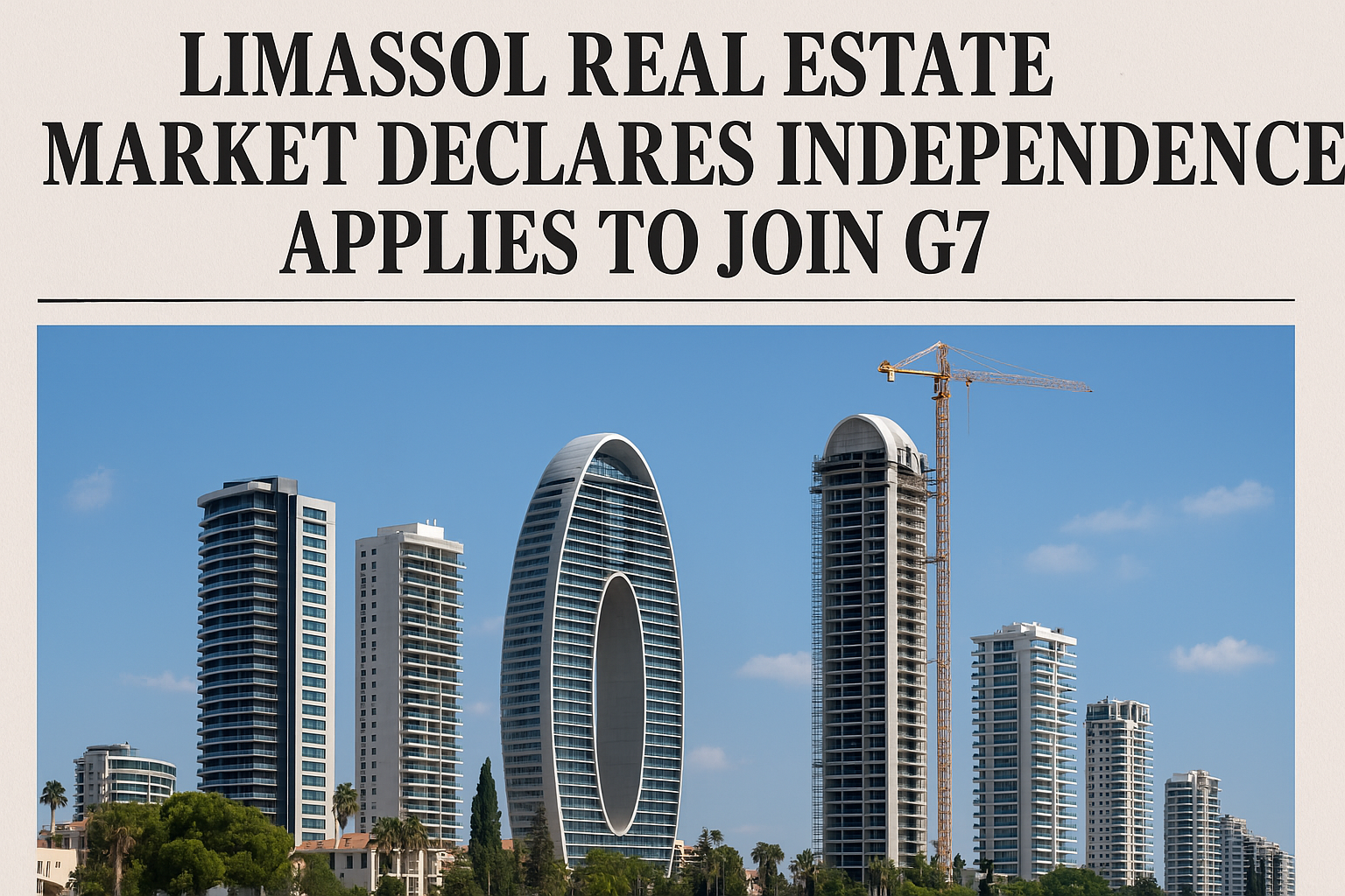A satirical news image featuring the headline “LIMASSOL REAL ESTATE MARKET DECLARES INDEPENDENCE, APPLIES TO JOIN G7” above a photo of Limassol’s skyline, including modern high-rise buildings, cranes, and residential rooftops with red tiles under a bright blue sky.