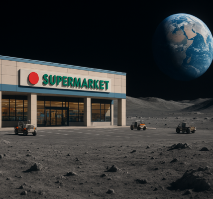 A surreal digital image of a modern supermarket set against the lunar surface, with Earth visible in the background. Aisles filled with grocery products stand under artificial lighting, surrounded by moon dust and space-like shadows.