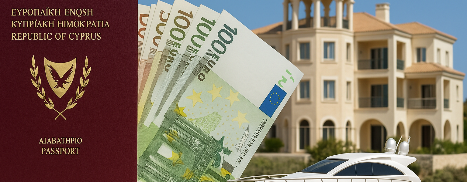 A Cypriot passport lies on a luxurious marble surface alongside stacks of euro banknotes, a gold pen, a miniature luxury car, and a small Cypriot flag, symbolizing wealth and high-end investment.
