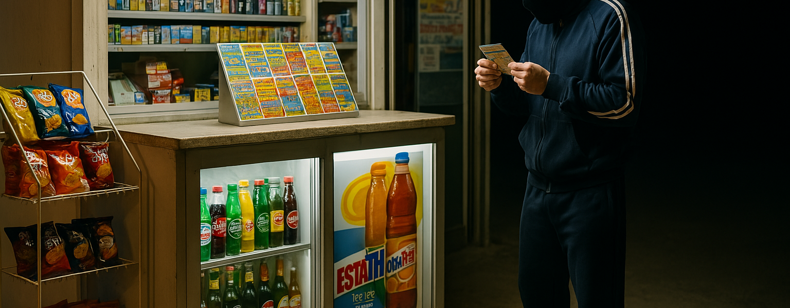 A masked man wearing a navy blue tracksuit stands outside a brightly lit kiosk at night, intently scratching a lottery ticket. The kiosk glows with fluorescent lighting, displaying shelves of snacks, drinks, and other goods, while the man appears focused and unaware of his surroundings.