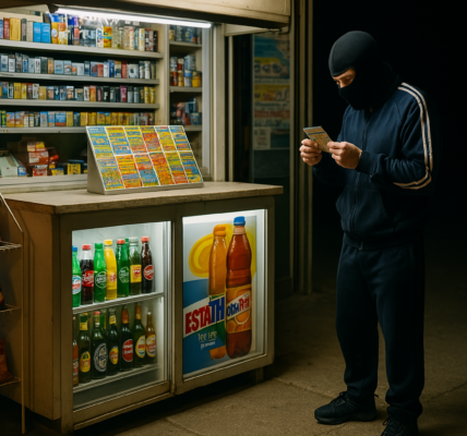A masked man wearing a navy blue tracksuit stands outside a brightly lit kiosk at night, intently scratching a lottery ticket. The kiosk glows with fluorescent lighting, displaying shelves of snacks, drinks, and other goods, while the man appears focused and unaware of his surroundings.