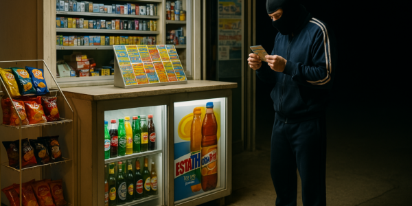A masked man wearing a navy blue tracksuit stands outside a brightly lit kiosk at night, intently scratching a lottery ticket. The kiosk glows with fluorescent lighting, displaying shelves of snacks, drinks, and other goods, while the man appears focused and unaware of his surroundings.