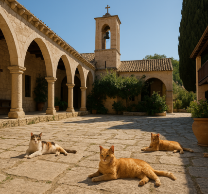 A serene courtyard of a historic monastery in Cyprus, bathed in sunlight, with several cats lounging on stone tiles surrounded by arched limestone architecture, lush greenery, and a clear blue sky.