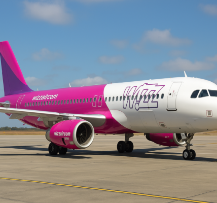 A Wizz Air airplane with a vibrant pink and purple livery is parked on an airport runway under a bright sky, with support vehicles nearby and ground crew preparing the aircraft.