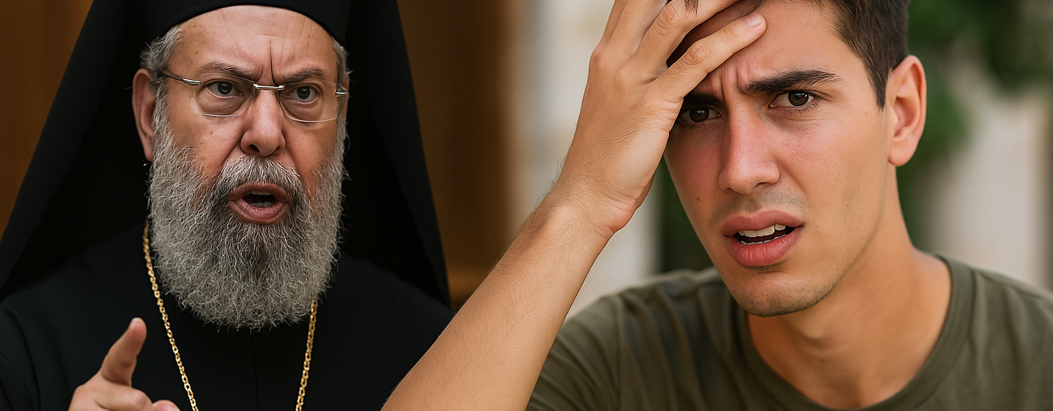A digital photograph of a stern Eastern Orthodox cleric pointing accusingly across from a confused young man in a casual t-shirt, both standing against a muted natural background.