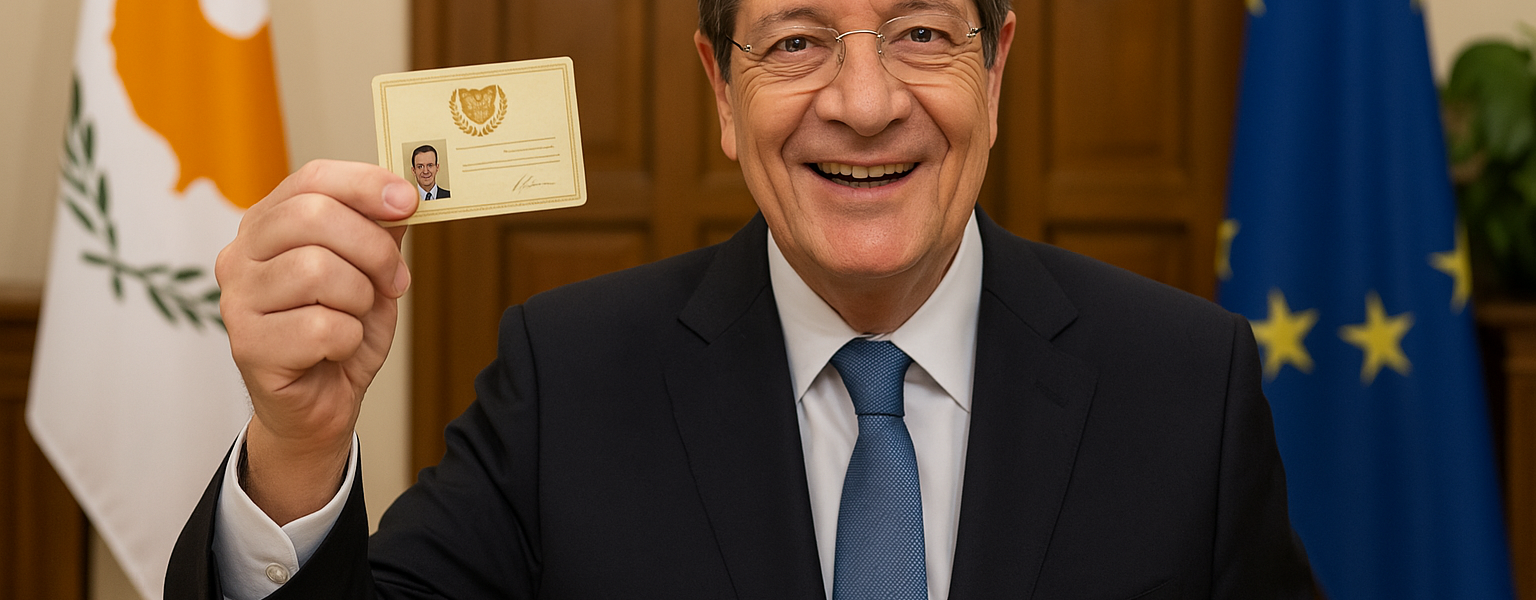 A middle-aged man in a suit discreetly hands an envelope filled with cash to another man outside a grand government building, with marble columns and official-looking architecture under a bright blue sky.