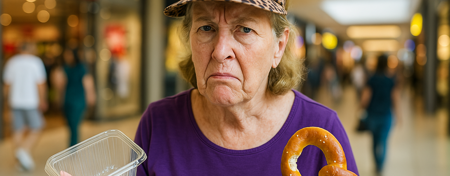 An older Caucasian woman with a leopard-print visor and a frustrated expression stands in a shopping mall holding a plastic container and a half-eaten pretzel, while blurry shoppers and bright store signs fill the background.