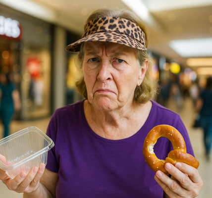 An older Caucasian woman with a leopard-print visor and a frustrated expression stands in a shopping mall holding a plastic container and a half-eaten pretzel, while blurry shoppers and bright store signs fill the background.