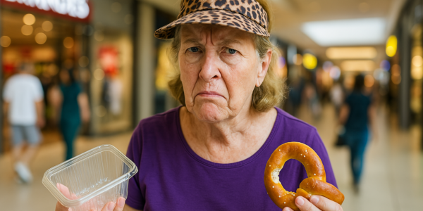 An older Caucasian woman with a leopard-print visor and a frustrated expression stands in a shopping mall holding a plastic container and a half-eaten pretzel, while blurry shoppers and bright store signs fill the background.