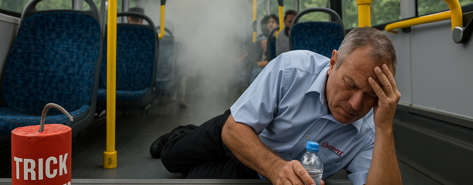 Inside a smoky public bus, a firecracker lies on the floor as white smoke fills the cabin. The bus driver is seen injured and distressed near the front, while dazed passengers are partially visible through the haze.