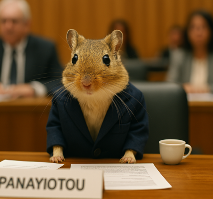 A small gerbil in a navy blazer sits at a grand wooden desk in a formal parliamentary chamber, with official papers in front of it and a blurred background of suited politicians.