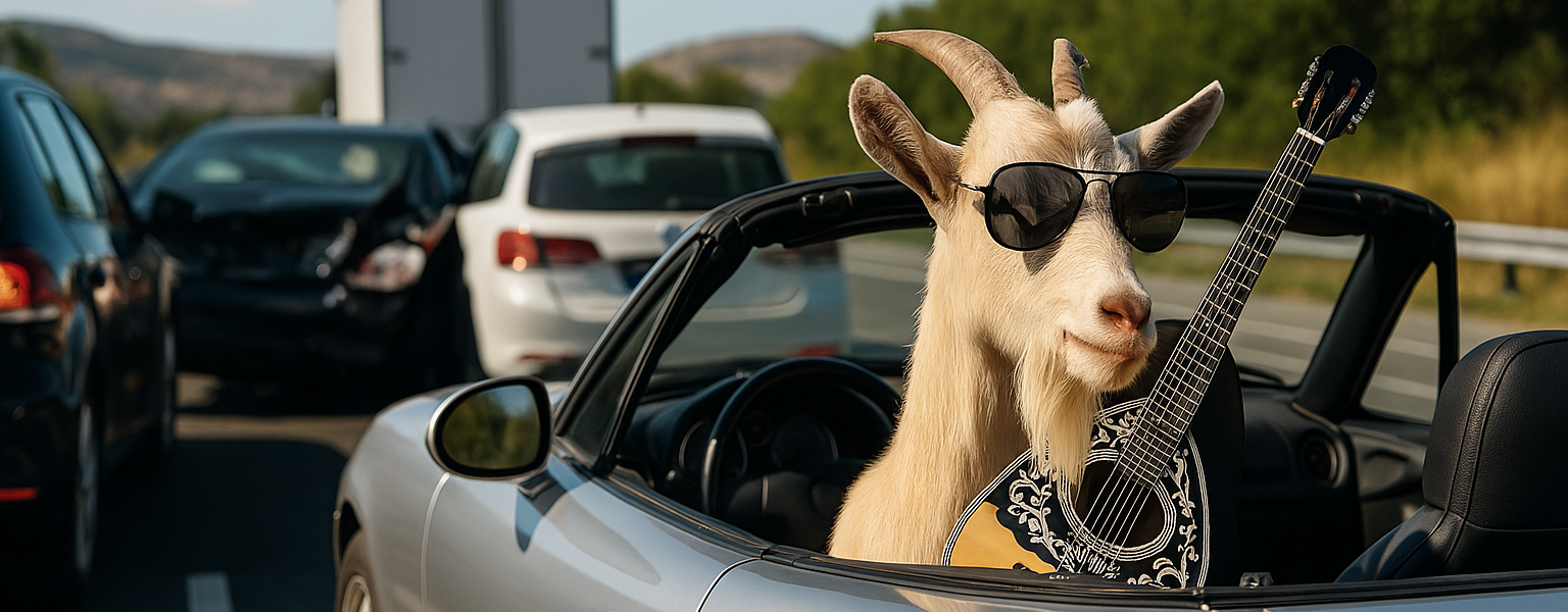 A goat wearing sunglasses sits in the driver’s seat of a silver convertible on a sunlit highway, surrounded by a chaotic multi-car pile-up, with scenic hills in the background.