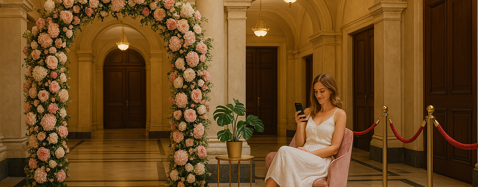 An opulent, European-style interior hall with high arches and ornate marble flooring. A young woman sits under a floral arch on a velvet chair, scrolling her phone near a velvet rope barrier, with golden light casting elegant shadows.