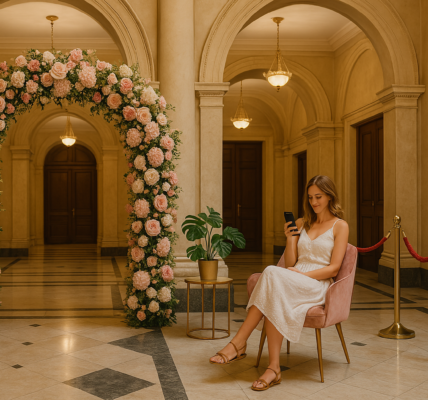 An opulent, European-style interior hall with high arches and ornate marble flooring. A young woman sits under a floral arch on a velvet chair, scrolling her phone near a velvet rope barrier, with golden light casting elegant shadows.