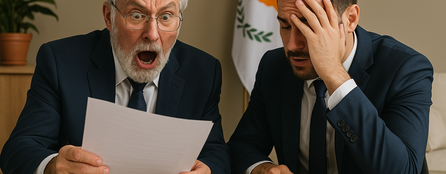 Two light-skinned men sit at a wooden table reviewing documents with shocked and distressed expressions, surrounded by euro notes, a pen, and coffee, with a Cypriot flag in the background.