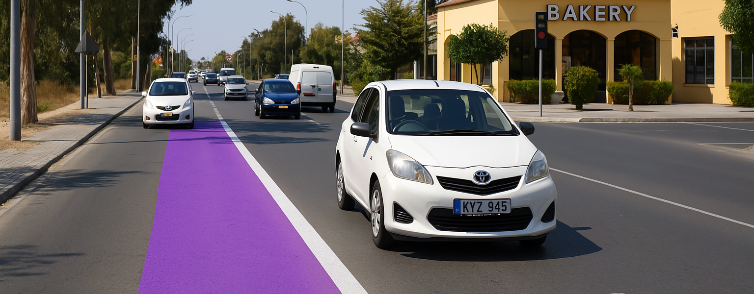 A two-lane urban street features a vividly painted purple lane running alongside traffic, leading directly past a sunny bakery storefront with trees and benches nearby under a clear blue sky.