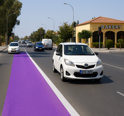 A two-lane urban street features a vividly painted purple lane running alongside traffic, leading directly past a sunny bakery storefront with trees and benches nearby under a clear blue sky.