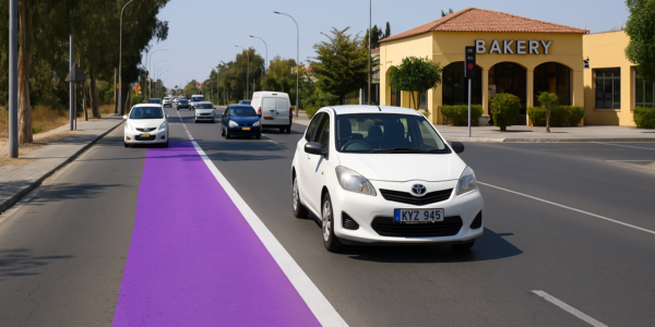A two-lane urban street features a vividly painted purple lane running alongside traffic, leading directly past a sunny bakery storefront with trees and benches nearby under a clear blue sky.