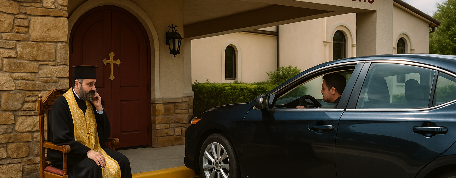 A humorous drive-thru confession booth setup at an Orthodox church, with a car pulled up to a small wooden confessional structure. A priest in traditional robes leans out from a window to listen, while incense smoke wafts gently into the air.