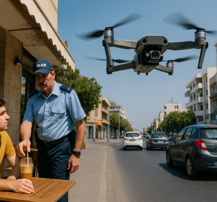An urban Cypriot street scene on a sunny day featuring a hovering police drone equipped with cameras and speakers. A nearby café table has an abandoned frappé, while pedestrians glance up at the drone in confusion or mild fear.