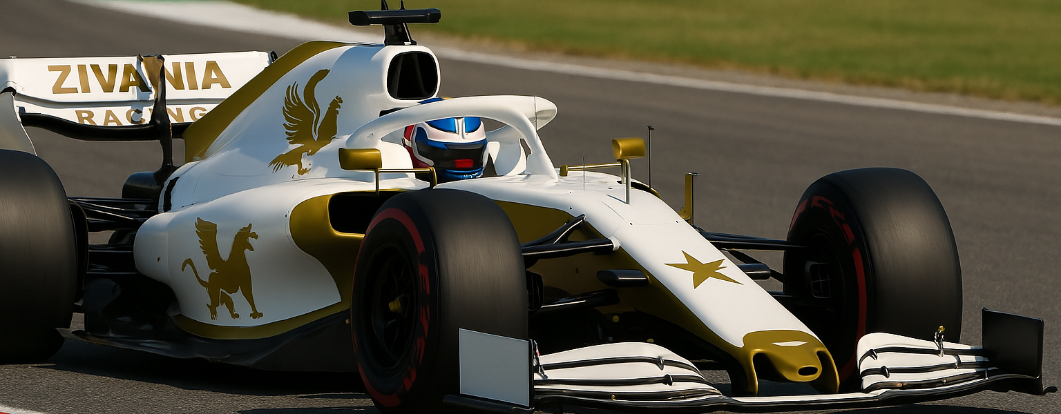 A sleek Formula 1 race car branded “Zivania Racing” with a white and gold color scheme and a stylized golden eagle logo, speeding along a sunny racetrack with blurred grass and track features in the background.