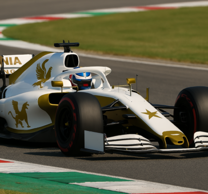 A sleek Formula 1 race car branded “Zivania Racing” with a white and gold color scheme and a stylized golden eagle logo, speeding along a sunny racetrack with blurred grass and track features in the background.