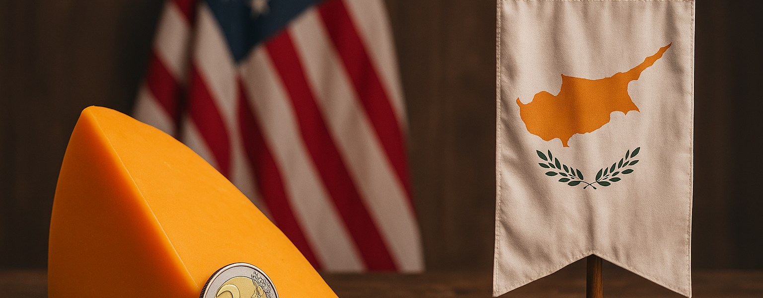 A wedge of bright orange American processed cheese sits on a rustic wooden table beside a €2 Euro coin, with the Cypriot flag in the background and a faded American flag in the distance.